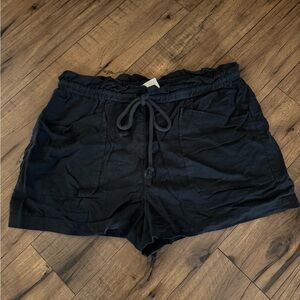 Black linen blend paper bag shorts with drawstring